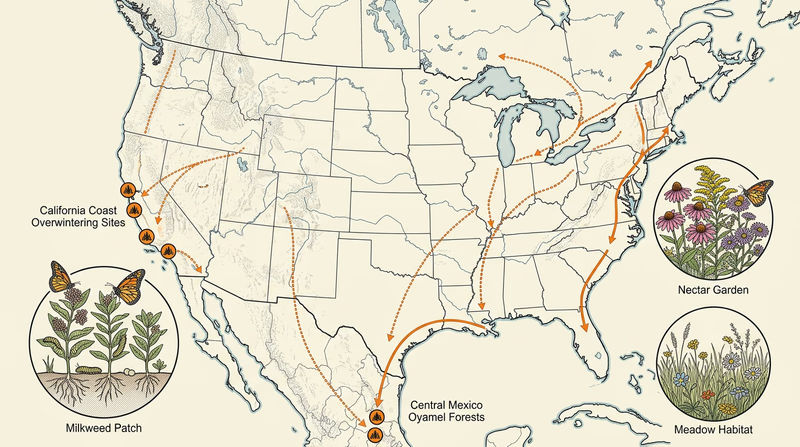 Map-style illustrated diagram showing monarch migration routes from northern breeding areas to Mexico and the California coast, with stopover habitat examples such as milkweed patches and nectar gardens along the route