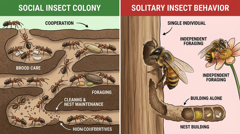 Comparison showing a coordinated ant or honey bee colony with brood care and task-sharing beside a solitary insect handling nesting and foraging alone