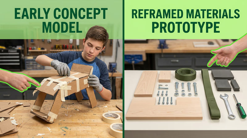 Comparison between a rough cardboard model and the real materials needed for a prototype