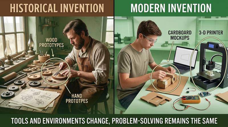 Side-by-side comparison of a historical inventor workshop and a modern inventor maker space