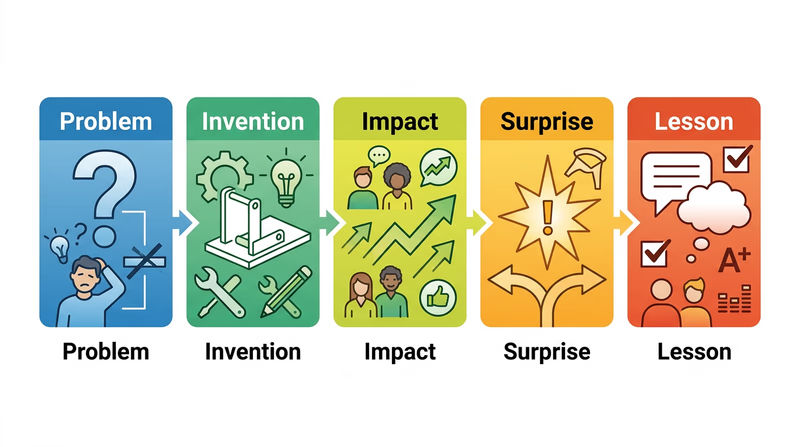 Diagram showing the five-step story flow for an invention presentation