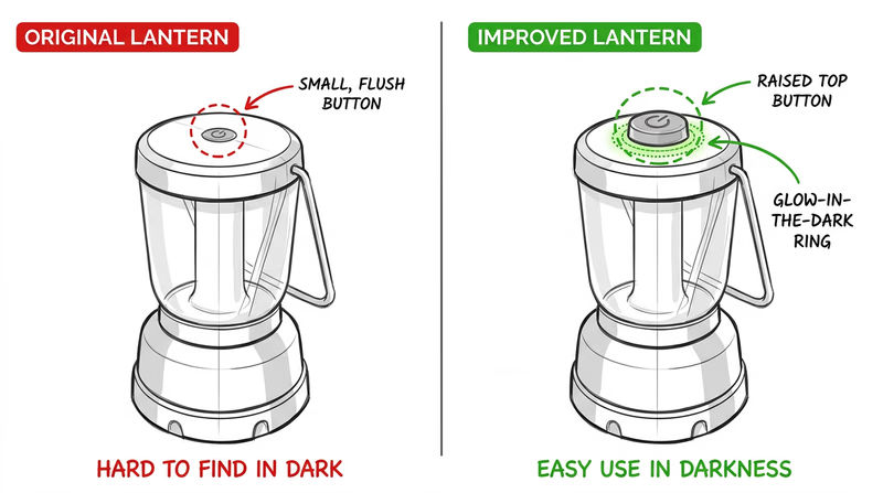 Side-by-side sketch showing an original camping lantern and an improved version with a larger raised button