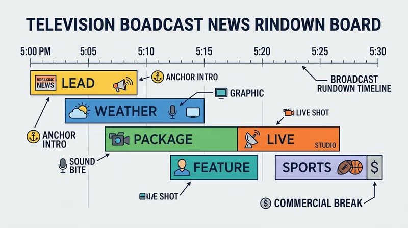 Broadcast rundown timeline showing story order, airtime blocks, and common on-air elements like anchor intro, package, live shot, and feature