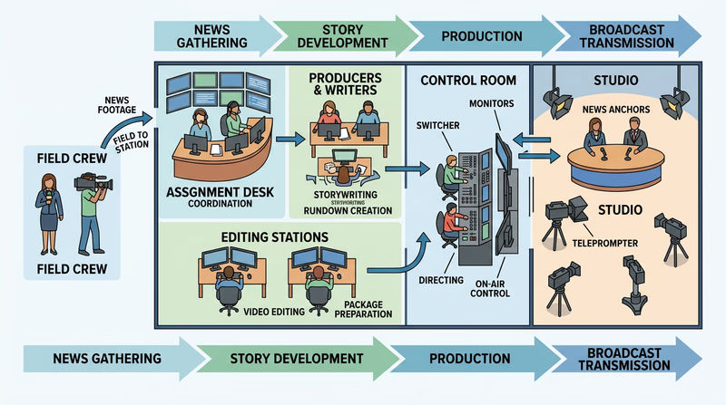 Top-down map of a station showing assignment desk, producers, studio, control room, and field crew with arrows for how information moves