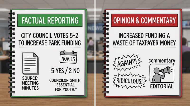 Side-by-side comparison showing how a fact is supported by evidence while an opinion uses judgment language