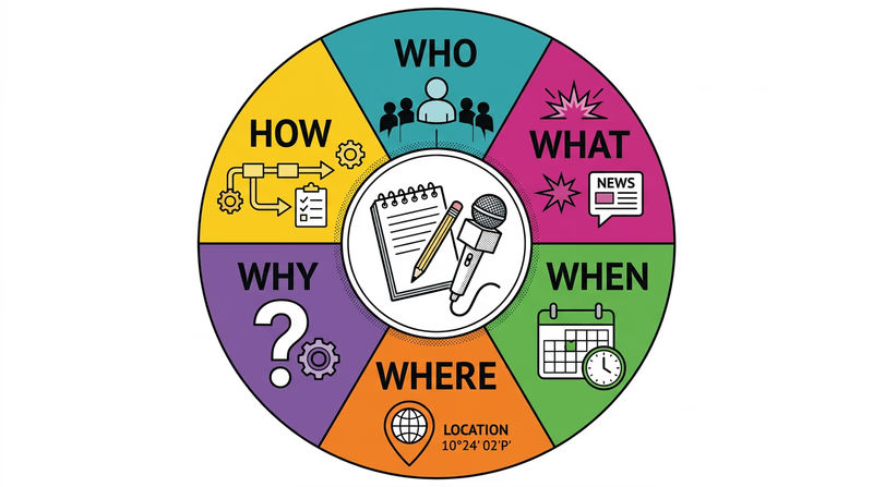 Illustrated wheel showing who, what, when, where, why, and how around a reporter's notebook