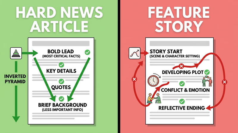 Split comparison of hard news structure versus feature story structure with different reading flow