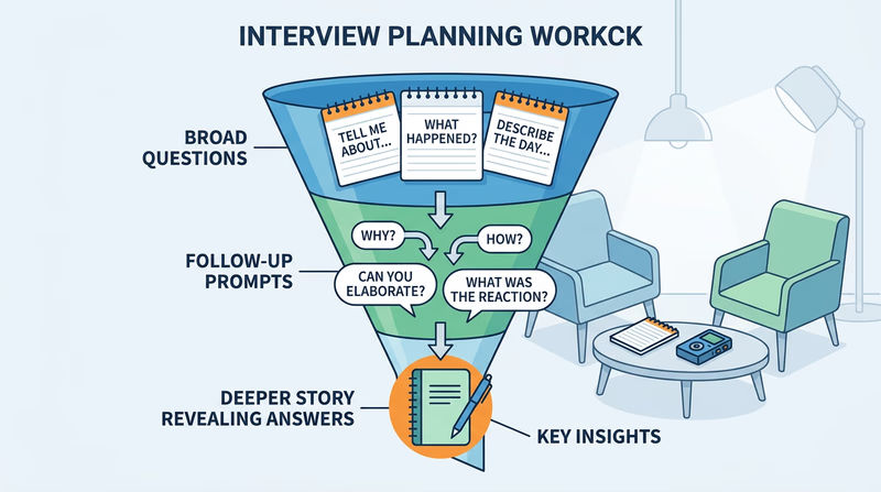 Visual funnel showing broad starter questions leading to deeper follow-up questions and stronger interview answers