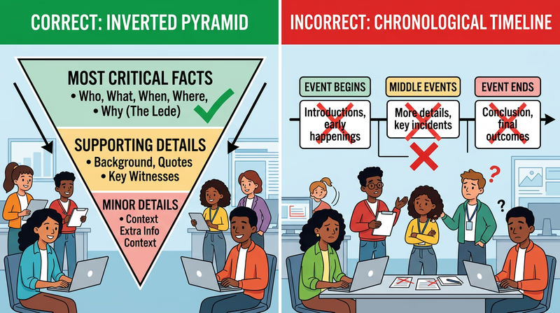 Comparison showing an inverted pyramid structure beside a chronological timeline of the same event