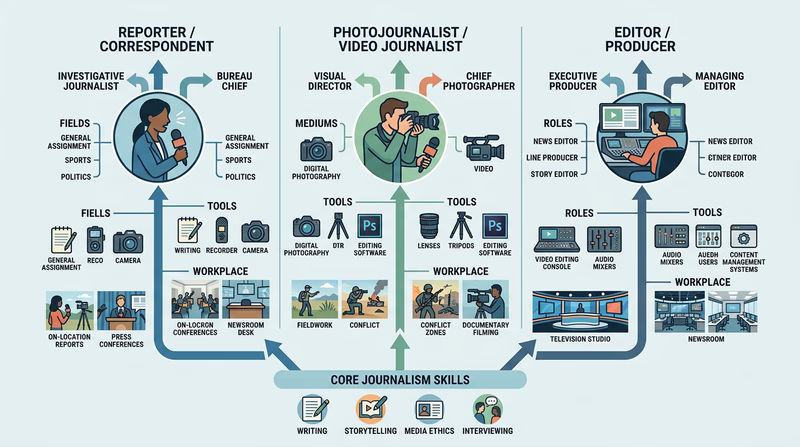 Diagram showing journalism skills branching into reporter, photojournalist, and editor or producer career paths