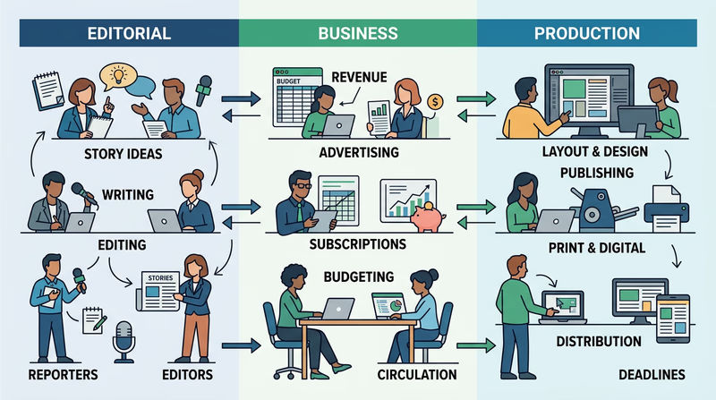 Diagram showing how editorial, business, and production departments connect inside a news organization