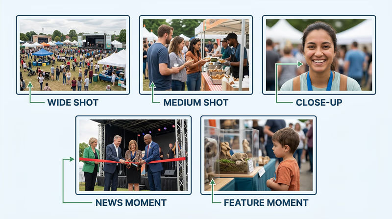 Five-panel grid showing wide, medium, close-up, news, and feature photo types from the same event