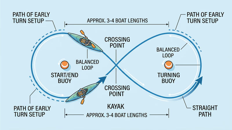 Bird's-eye diagram of a kayak paddling a figure-eight course around two buoys.