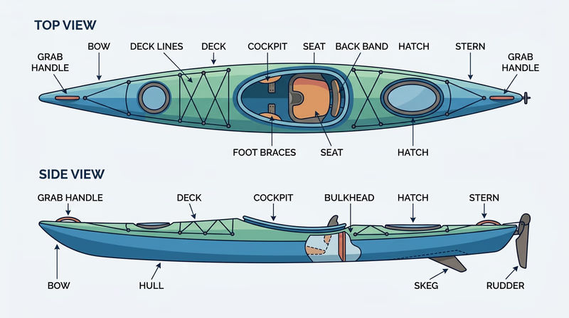 Educational diagram with side and top views of a kayak labeled with the major parts.