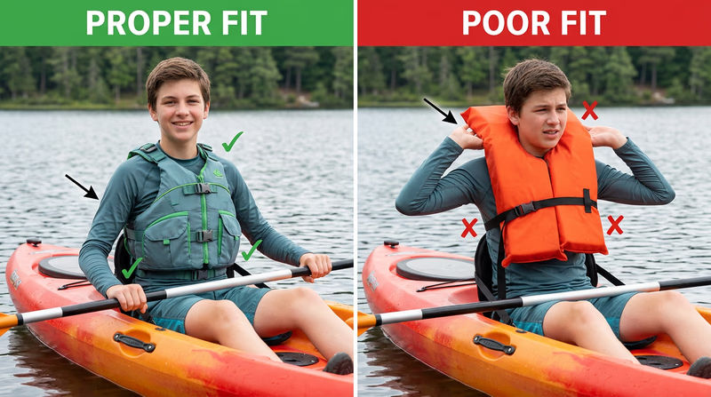 Side-by-side comparison of a properly fitted paddling life jacket and a poorly fitted jacket riding up at the shoulders while seated in a kayak.