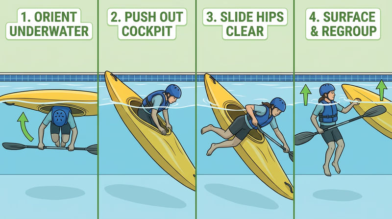 Four-panel instructional sequence showing a kayaker practicing a wet exit from capsize to resurfacing beside the boat.