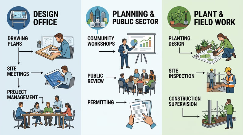 Visual comparison of three landscape-related career paths with distinct work settings and task types