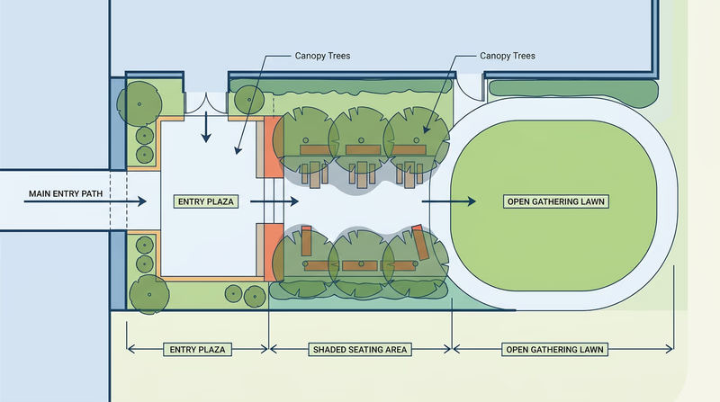 Top-down example showing entry plaza, shaded seating area, open lawn, and connecting paths as distinct outdoor rooms