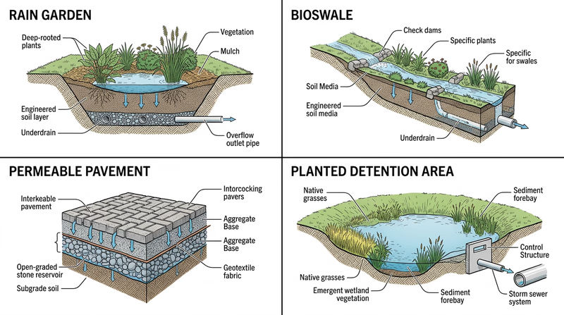 Side-by-side comparison of a rain garden, bioswale, permeable pavement, and planted detention area