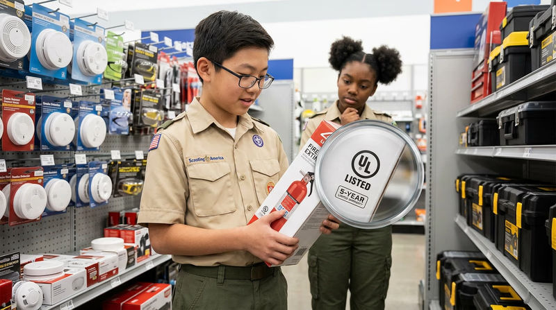A Scout examining a product label in a store while a magnifying glass highlights safety certification marks