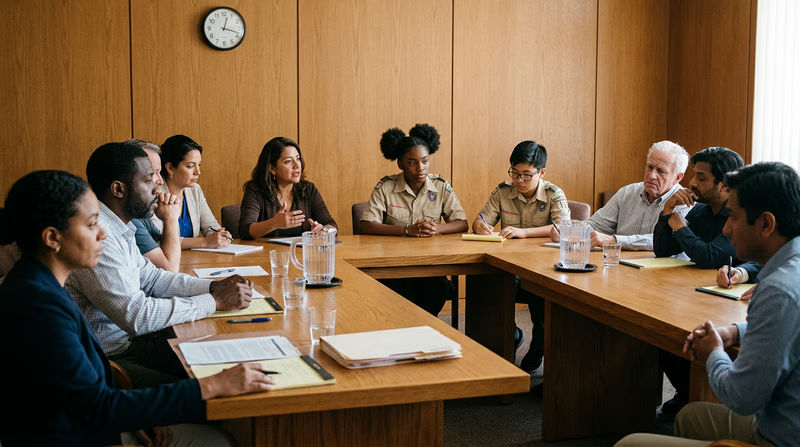 A diverse group of jurors seated around a table in a jury deliberation room, engaged in thoughtful discussion