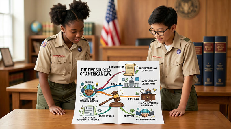 An illustrated diagram showing the five sources of law branching out from a central gavel icon