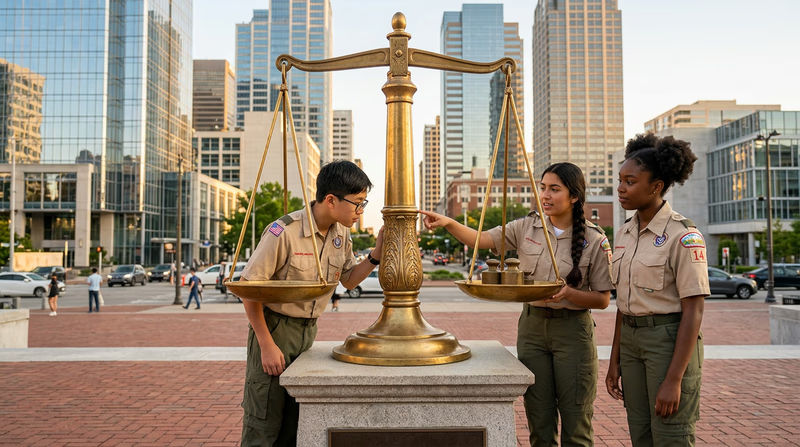 A stylized image of the scales of justice in the foreground with a modern city skyline behind, symbolizing law's role in society