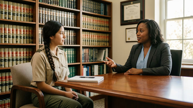 A Scout sitting across a desk from a lawyer in a professional office, engaged in conversation