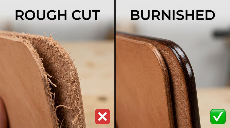 Side-by-side close-up of a rough fuzzy leather edge before finishing and a smooth burnished rounded edge after finishing