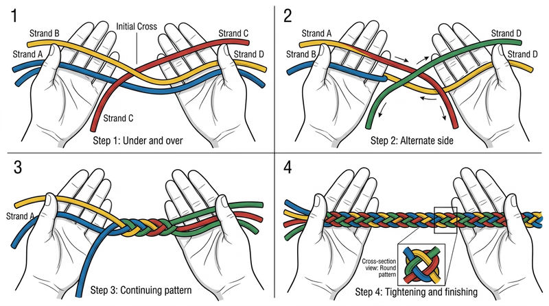 Four-panel illustrated sequence of a four-strand leather braid showing strand order changes and the emerging round braid pattern