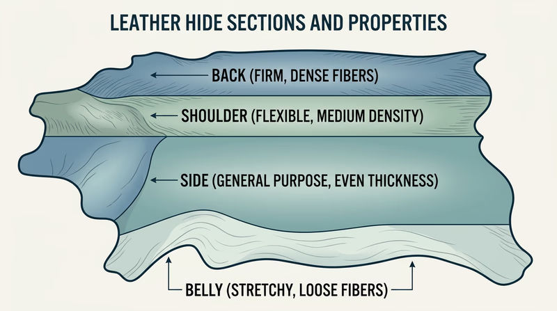 Diagram of a full hide showing back, shoulder, side, and belly sections with simple labels for firmer and stretchier areas