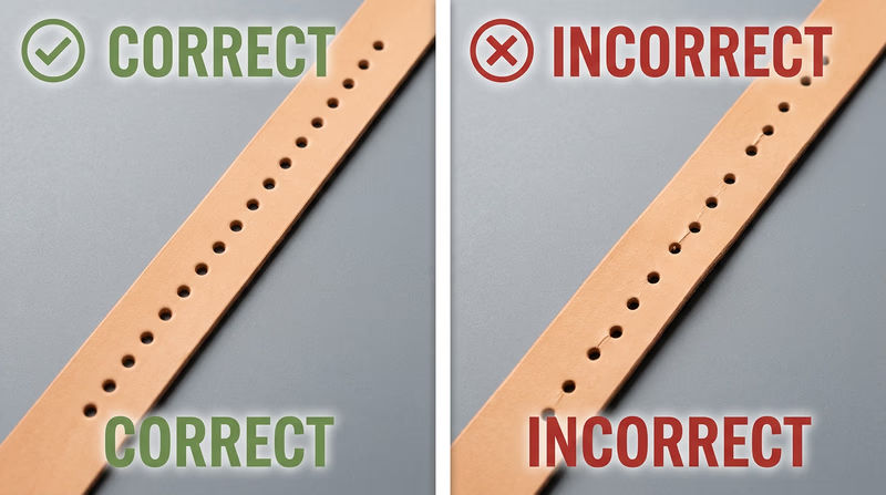Side-by-side comparison of leather hole rows: one evenly spaced and parallel to the edge, one crooked with uneven spacing and drift
