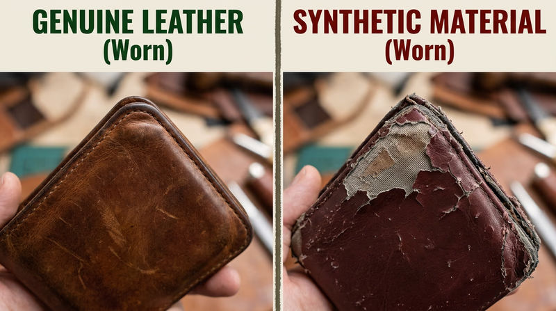Comparison image of two similar wallet corners after wear: leather showing patina and smooth edge wear, synthetic showing peeling surface and cracking