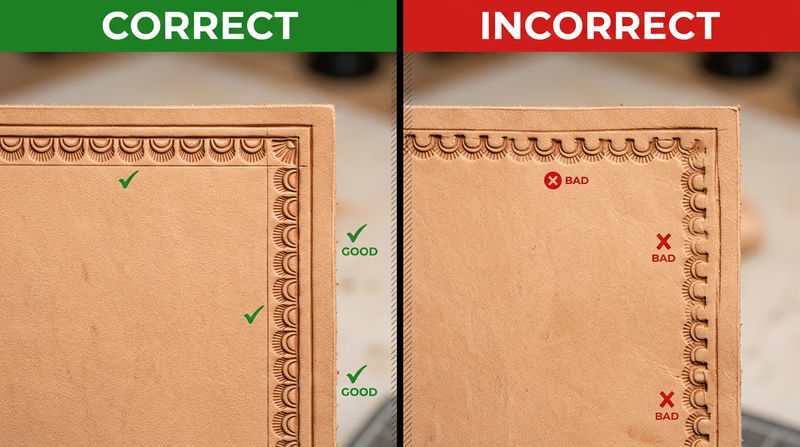 Comparison image showing a neat stamped border with even spacing beside a crowded uneven border with drifting impressions