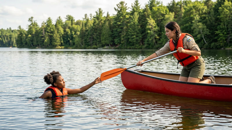 A rescuer in a canoe extending a paddle to a person in the water, approaching from a controlled angle with calm lake water around them