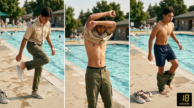 A three-panel sequence showing a Scout kicking off shoes, pulling a shirt overhead, and stepping out of pants for rapid clothing removal