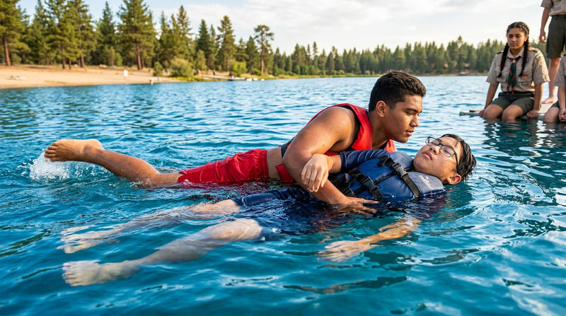 A rescuer performing a cross-chest carry, with the victim on their back against the rescuer's hip, both faces above water
