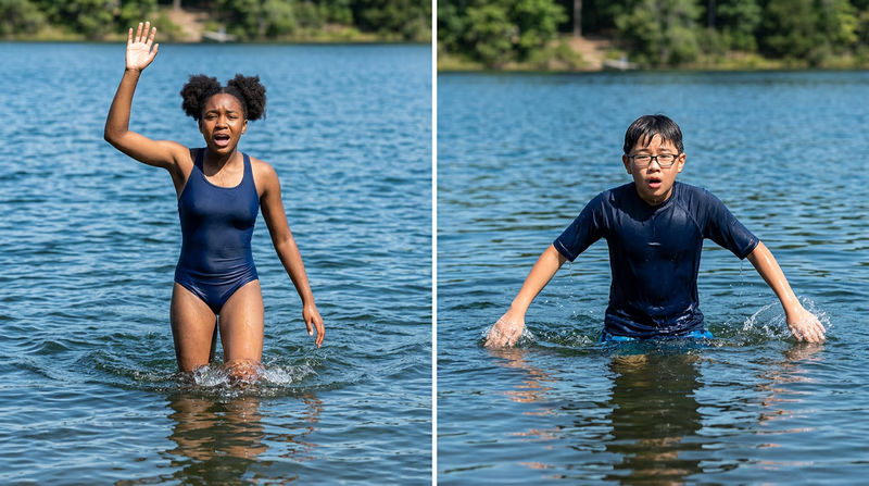 A side-by-side comparison showing a distressed swimmer versus an actively drowning person