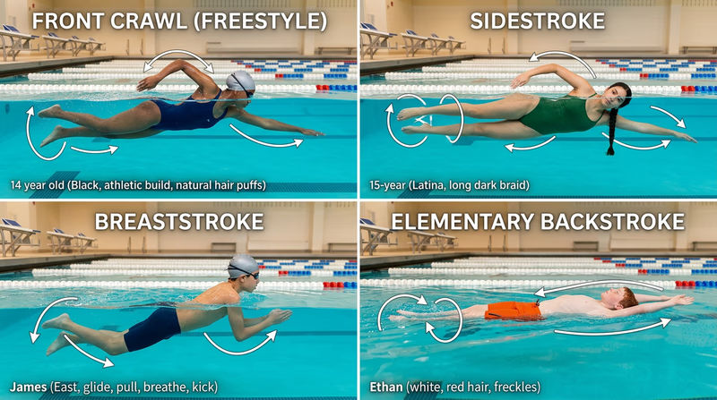 Four side-by-side illustrations showing the body position for front crawl, sidestroke, breaststroke, and elementary backstroke