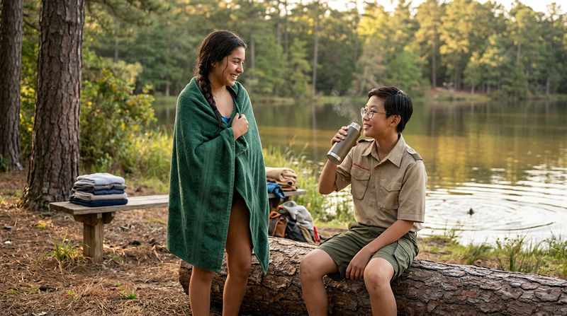 Scouts near a lake, one wrapping up in a towel after swimming, another drinking from a warm thermos, demonstrating cold-water safety practices