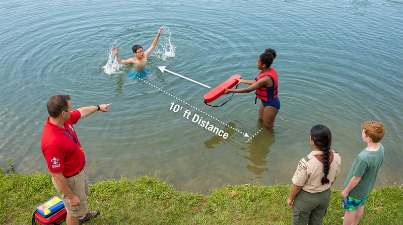 Overhead view of a rescue scenario showing the rescuer positioned between the victim and shore, about 10 feet from the victim, with a rescue tube extended toward the victim