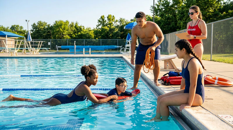 Scouts in swimsuits practicing rescue techniques at a pool with a lifeguard instructor watching