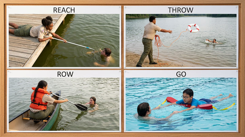 Four-panel illustration showing the rescue order: reaching with a pole from a dock, throwing a ring buoy, rowing a canoe toward a victim, and swimming with a rescue tube