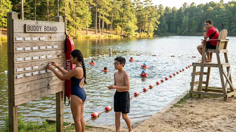 A supervised swimming area at a Scout camp with clearly marked lanes, buddy boards visible, and a lifeguard on an elevated chair