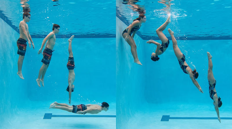 Side-by-side illustrations showing the feetfirst surface dive and headfirst pike dive with body positions at each stage