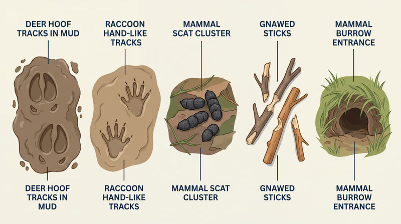 Side-by-side comparison of deer tracks, raccoon tracks, scat, gnawed sticks, and a small mammal burrow entrance