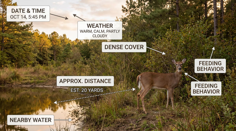 Sample wildlife photo with callouts for date, time, weather, distance, habitat conditions, and behavior notes