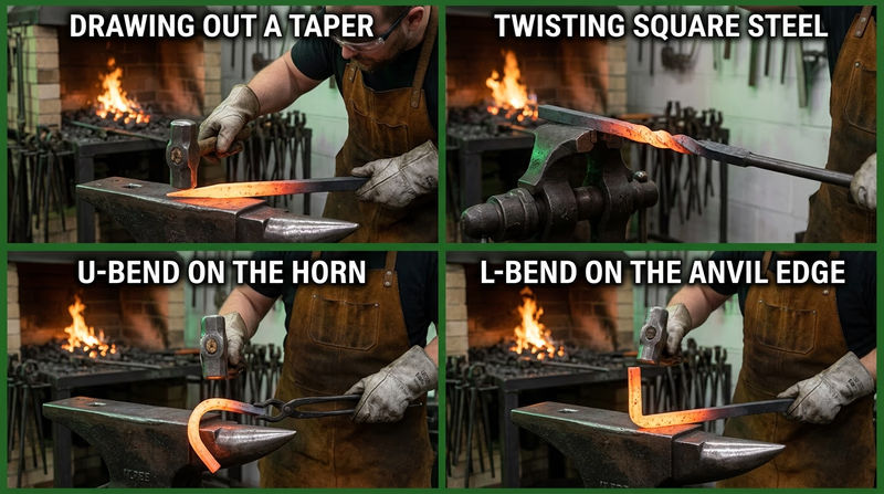 A four-panel instructional layout showing drawing a taper, making a U-bend on the horn, twisting square steel, and making an L-bend on the anvil edge
