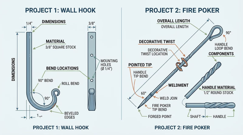 Two blacksmith project sketches such as a wall hook and a fire poker with dimensions, bend locations, and a decorative twist marked clearly