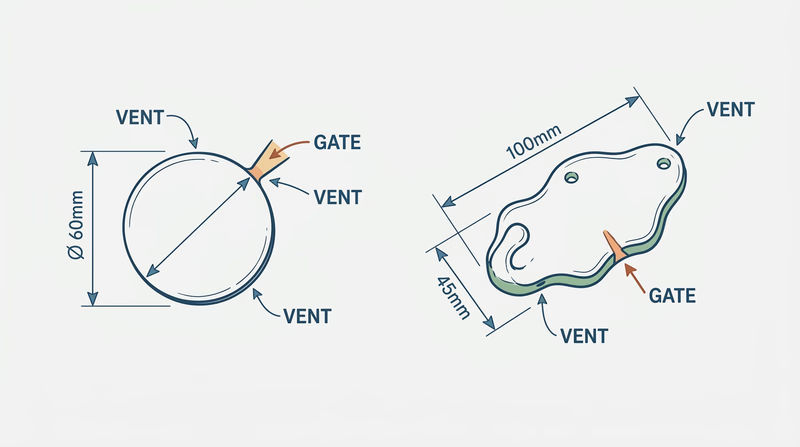 Two simple casting sketches such as a medallion and a small decorative hook, each with dimensions and suggested gate and vent positions marked